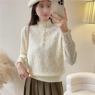 春季新款蕾丝边设计套头毛衣女士内搭针织打底衫宽松纯色洋气上衣