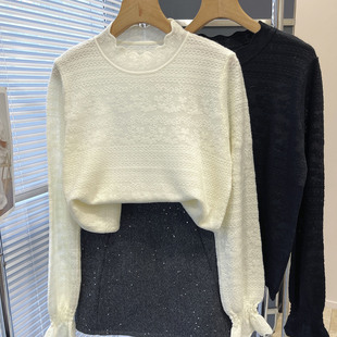 淑女风花边圆领蕾丝提花针织衫女薄款百搭镂空打底衫