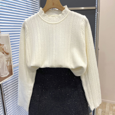 法式温柔风半高领蕾丝打底衫女白色高级感轻奢针织上衣