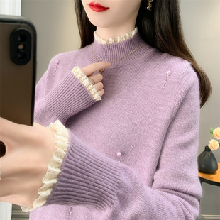 洋气温柔风拼接蕾丝内搭女 新款 半高领毛衣韩系钉珠针织衫 2025春装