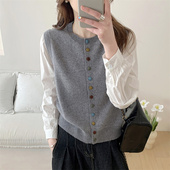 针织开衫 衬衫 女薄款 2026年新款 拼接彩扣毛衣外套上衣女 春秋季 春装