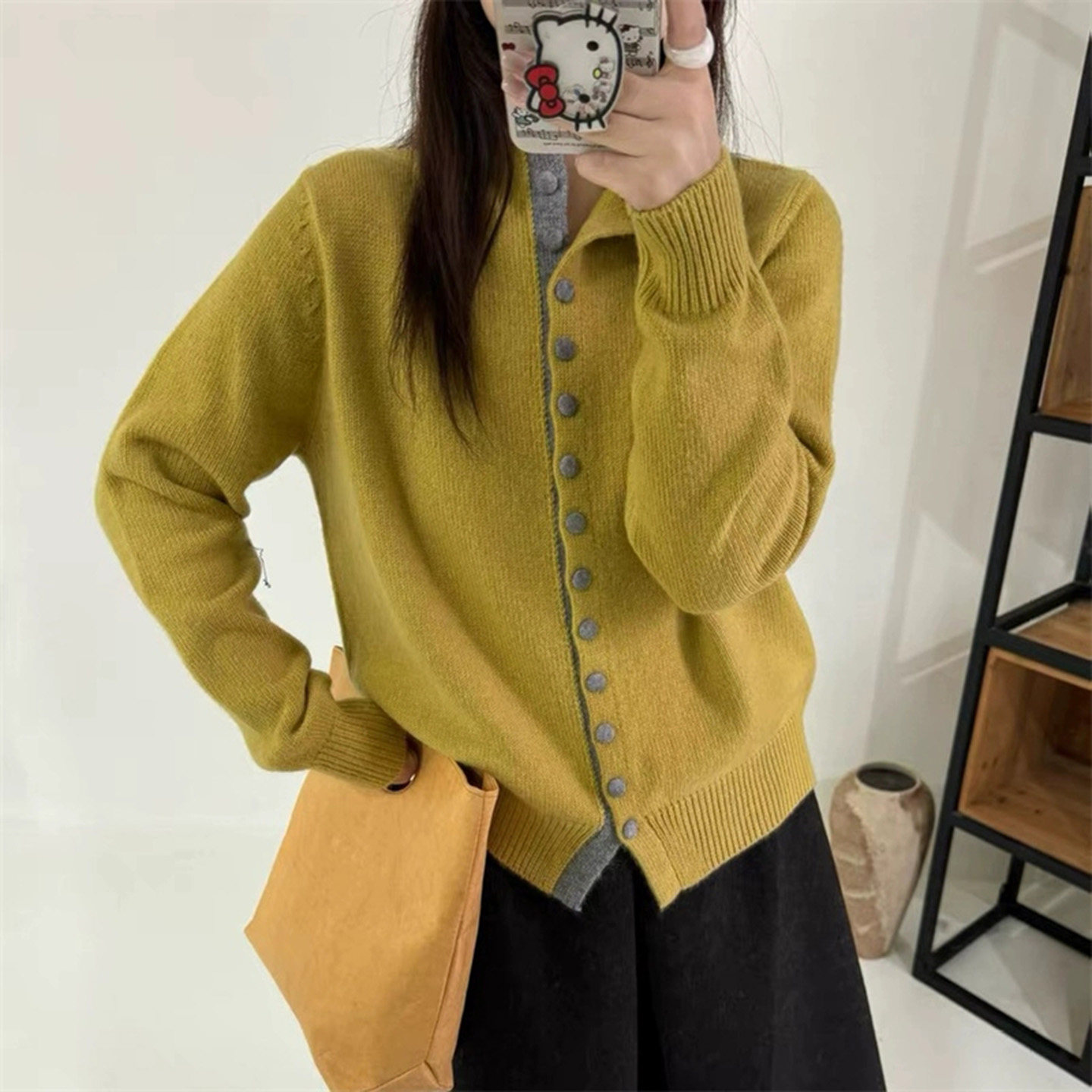 韩式休闲风黄色纽扣针织开衫女秋季毛衣外套巨好看上衣,女装/女士精品,毛针织衫,淘宝优惠券,粉丝福利购,淘宝优惠卷