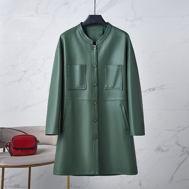 法歌弟2024新款春季单皮真皮皮衣女头层绵羊皮中长款皮夹克官绿色