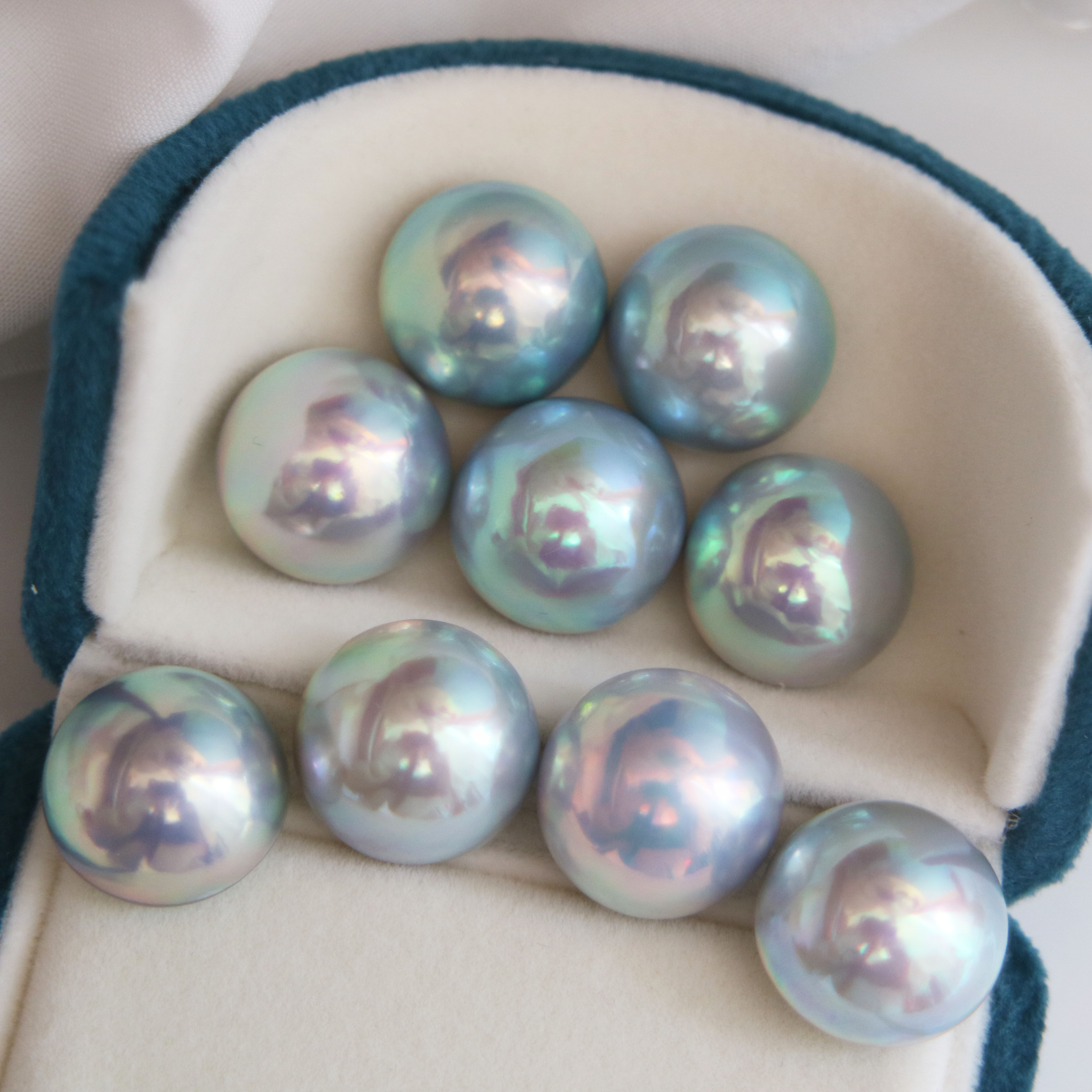 日本海水珠马贝珍珠星空蓝ji光色炫彩xi有ji品蓝灰15-16mm裸珠