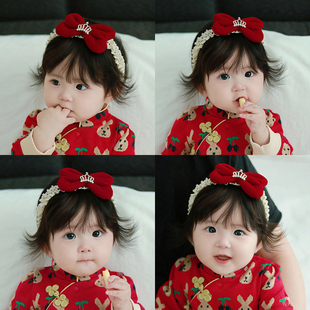 婴儿发带皇冠公主蝴蝶结百天周岁生日红色过年婴幼儿宝宝新年头饰