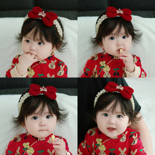 婴儿发带皇冠公主蝴蝶结百天周岁生日红色过年婴幼儿宝宝新年头饰