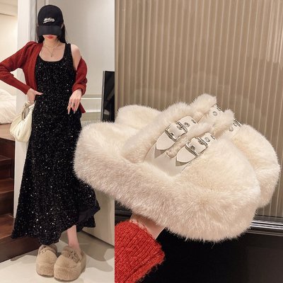 韩版松糕跟包头拖鞋毛毛