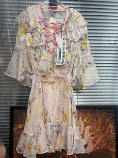 意大利夏季 重工亮片荷叶边印花真丝连衣裙 新品