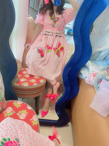 特价 夏季新品立体重工花朵珠片流苏泡泡袖连衣裙