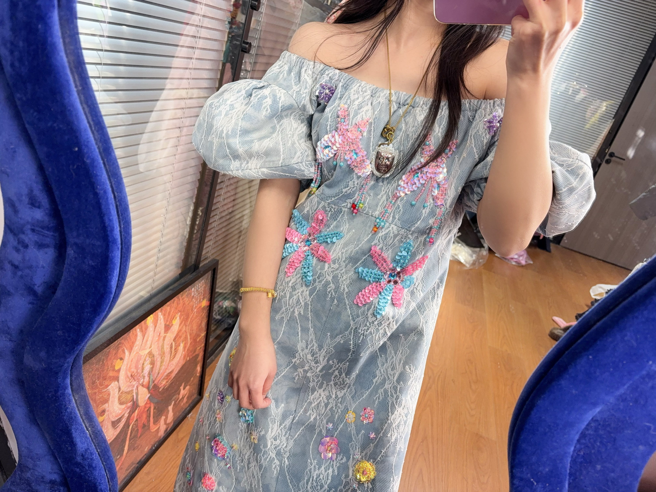 2025春夏新品蕾丝牛仔重工蝴连衣裙