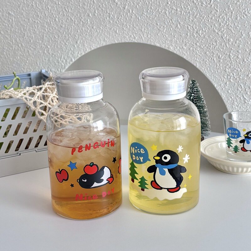 自制企鹅玻璃杯高硼硅杯子耐热水杯咖啡冷萃杯饮料瓶奶茶瓶学生