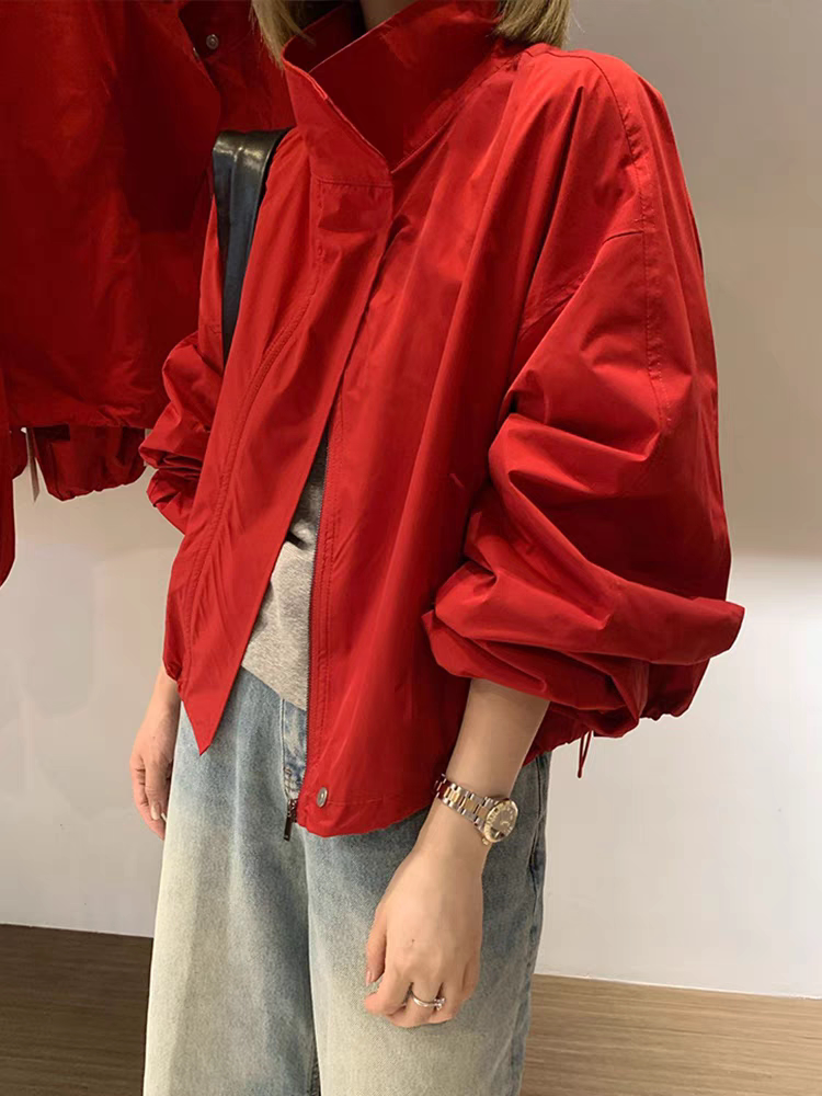 韩版红色立领短款冲锋衣外套女2026春秋宽松显瘦百搭休闲开衫上衣