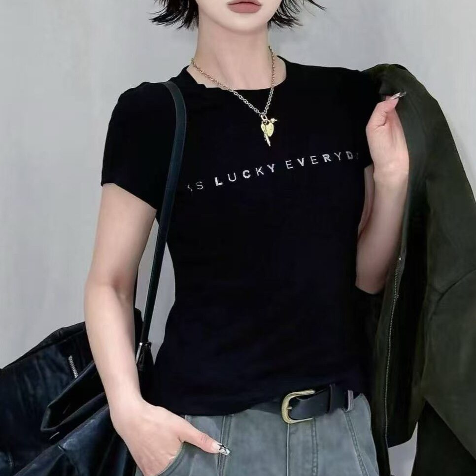 欧洲站2026年早秋时尚烫钻字母短袖T恤女修身显瘦圆领打底衫上衣