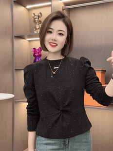 欧洲站T恤女烫钻上衣2026秋季圆领长袖亮片烫钻打底衫显瘦小衫潮
