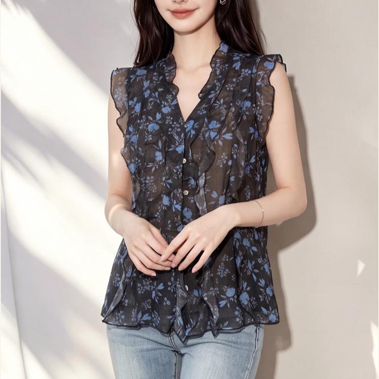 雪纺木耳边花色无袖衬衫女欧洲站2026夏季新款欧货女装马甲背心潮
