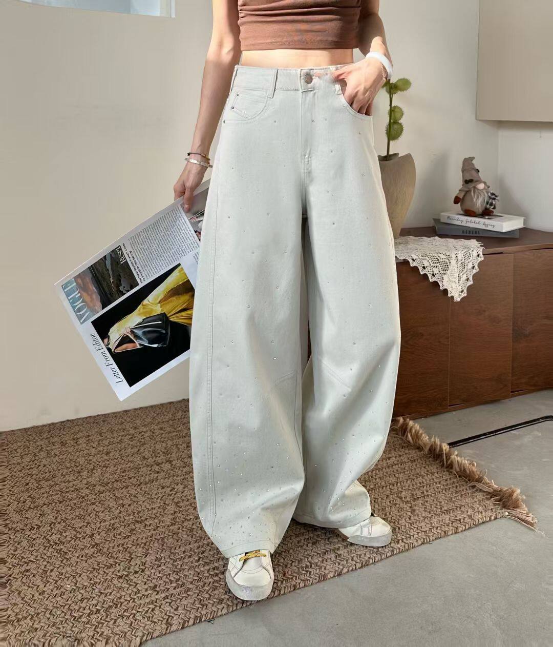 美式高腰流星烫钻高级感阔腿牛仔裤女春季新款宽松显瘦百搭弯刀裤