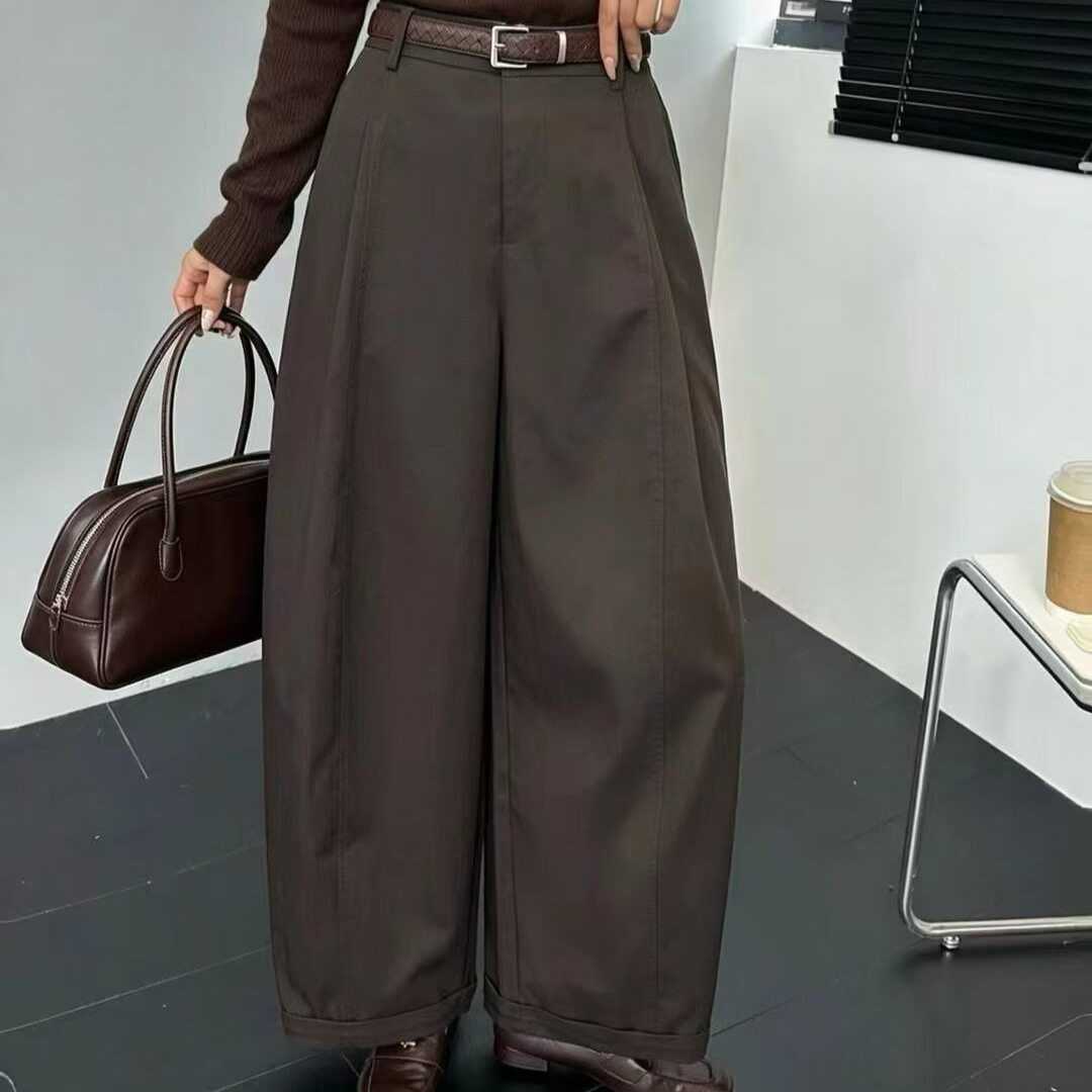 欧版高端2026春秋高腰配腰带百搭休闲宽松阔腿弯刀裤女长裤西装裤