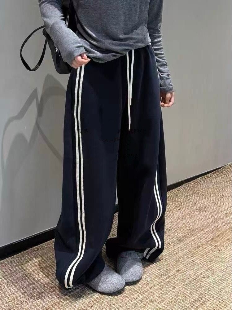 欧洲站加绒运动风撞色条纹阔腿裤女高腰宽松显瘦百搭弯刀休闲裤潮