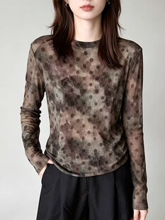 网纱波点微透长袖T恤女2026秋款新款减龄圆点时尚显瘦减龄上衣女