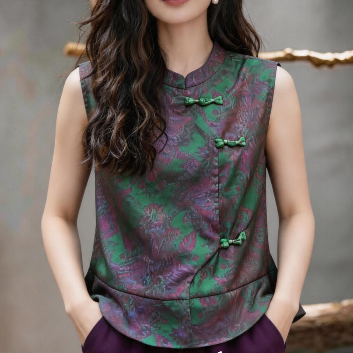 新中式盘扣印花无袖衬衫女欧洲站2026夏季新款欧货女装气质上衣潮