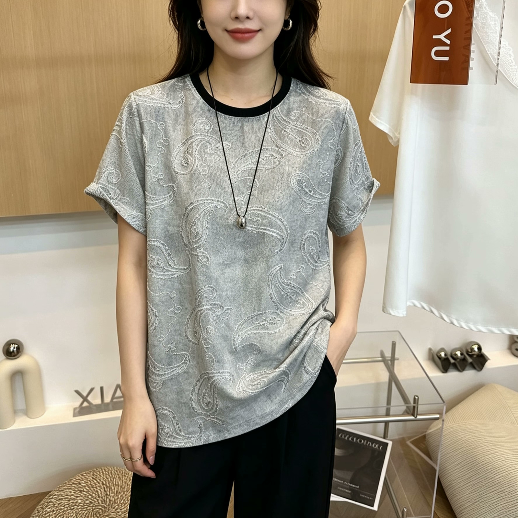 短袖休闲雪纺衫女欧洲站2026夏季新款时尚复古印花宽松套头T恤女