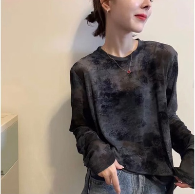 减龄洋气网纱圆领晕染植绒长袖T恤女2026秋季新款休闲百搭打底衫