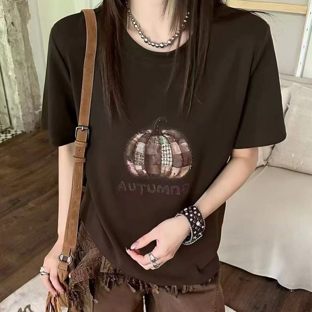 趣味南瓜印花搭配立体设计感短袖T恤女2026早秋圆领百搭时尚上衣