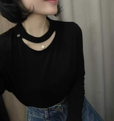 欧洲站2025秋季 T恤女潮 圆领镂空带子宽松百搭长袖 新款 欧货时尚