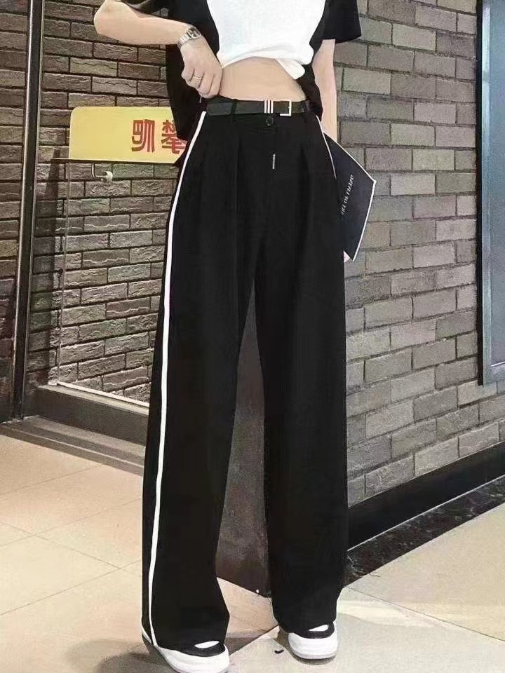 简约高腰拼接长裤阔腿西装裤