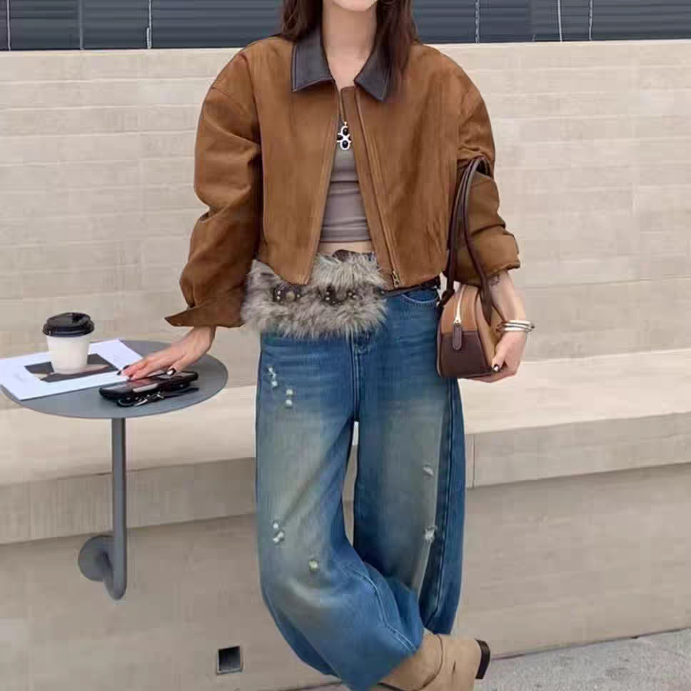 欧版麂皮夹棉短外套女秋冬新款时尚翻领夹克衫短款百搭洋气上衣潮