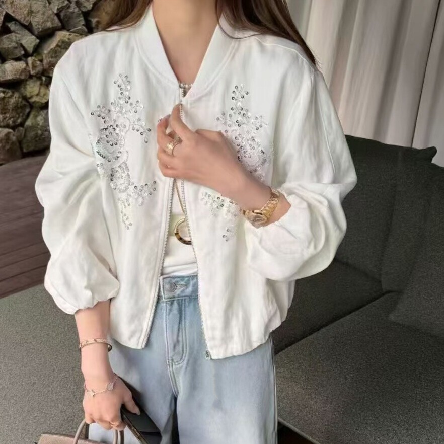 2026春秋新款重工刺绣休闲宽松外套女短款小个子亚麻钉珠棒球服