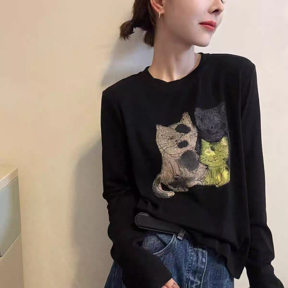 欧洲站2026秋季新款欧货休闲圆领宽松版猫咪印花长袖T恤女打底衫