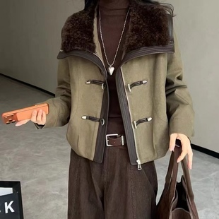 羊羔毛拼接大翻领羽绒内胆派克服外套女2025冬季新款90白鸭绒上衣