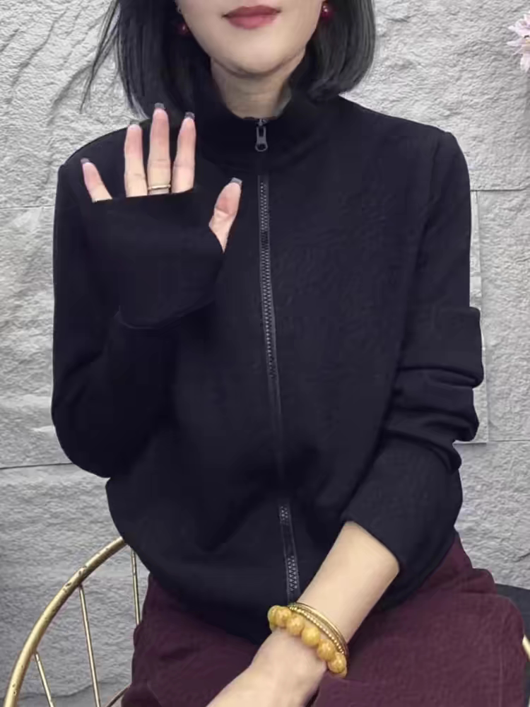 立领德绒卫衣外套女2026秋季新款黑色修身显瘦双拉链立领开衫上衣