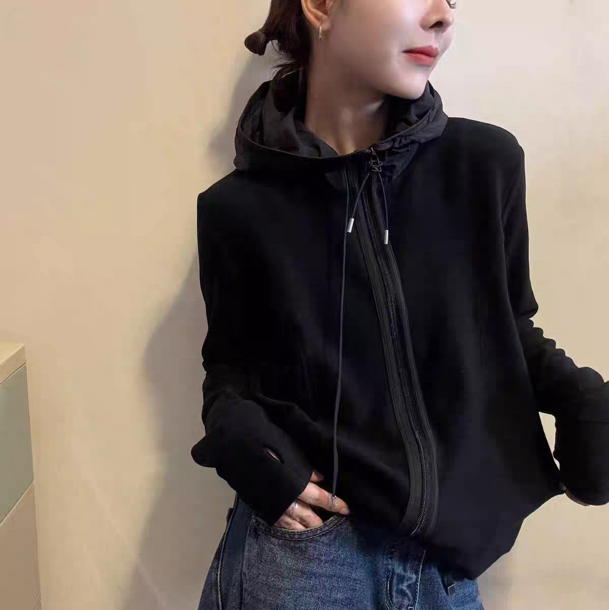 双面连帽德绒卫衣女春秋口袋露手指双头拉链开衫叠穿保暖长袖T恤