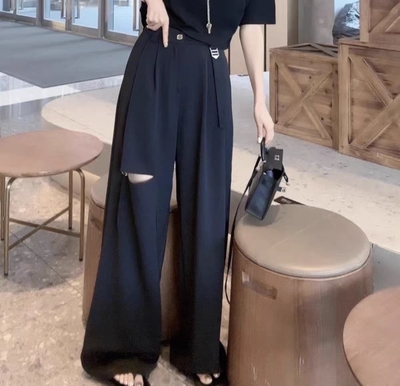 破洞高腰直筒裤秋款西装拖地裤