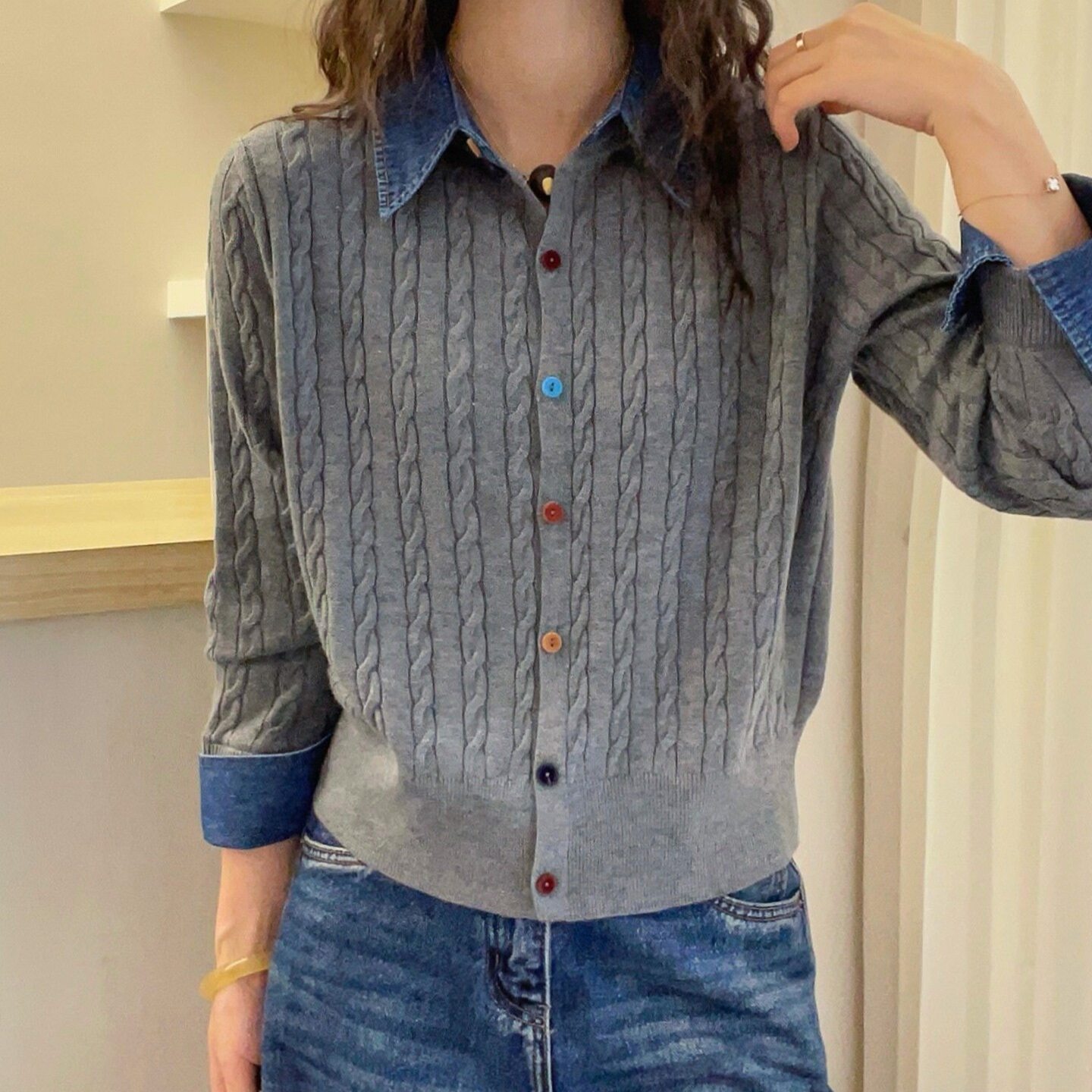 春款牛仔拼接羊毛针织开衫女翻领彩色纽扣麻花纹减龄休闲毛衣外套