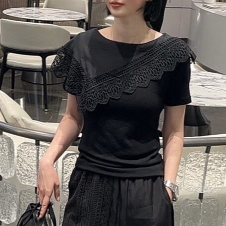 韩版收腰2026夏季新款蕾丝荷叶边拼接显瘦短袖T恤女圆领通勤上衣