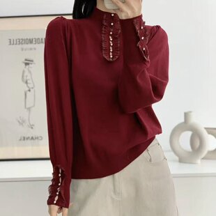 欧洲站2026年冬季新款女时尚水蓉蕾丝拼接灯笼袖羊毛针织衫毛衣潮