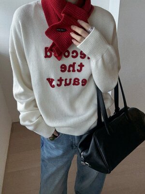 欧货冬季学院风字母钩花圆领套头毛衣围脖款百分百绵羊毛针织衫女