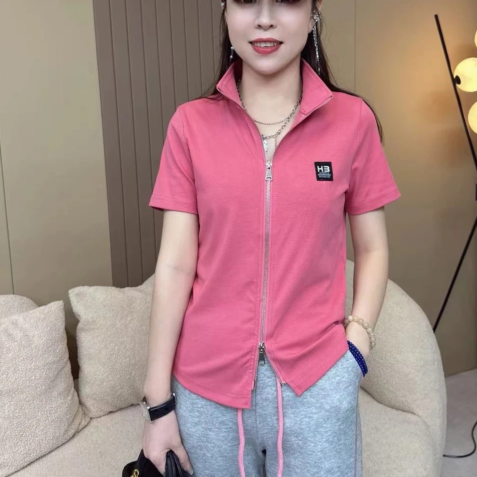 2025夏新款女士纯棉短袖t恤短款上衣双拉链粉色减龄小衫时尚体恤