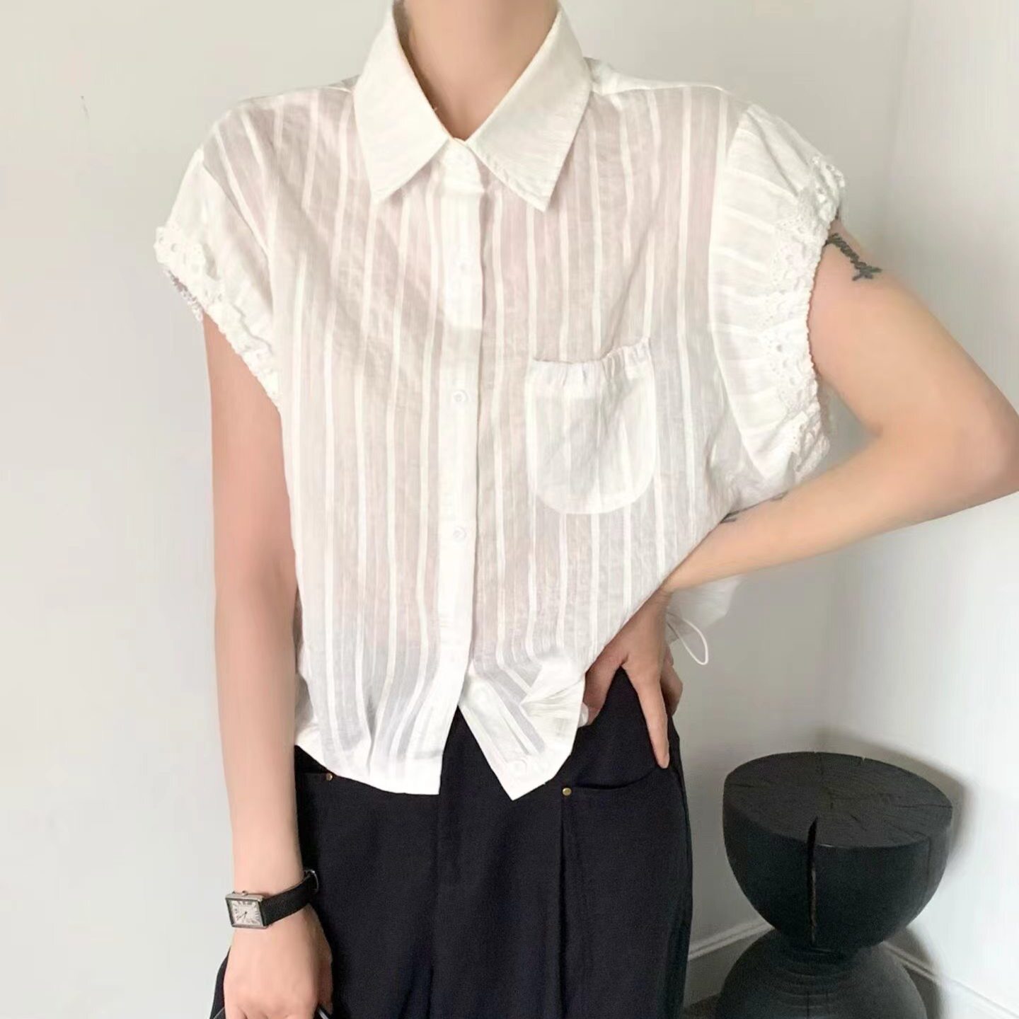 欧货花苞袖蕾丝短袖衬衫女夏季2026新款宽松显瘦百搭抽绳小衫上衣