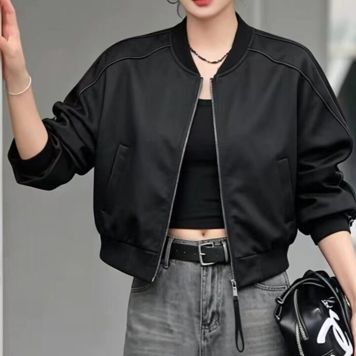 韩系慵懒chic高级感超好看时尚洋气时髦黑色棒球服拉链短外套早春