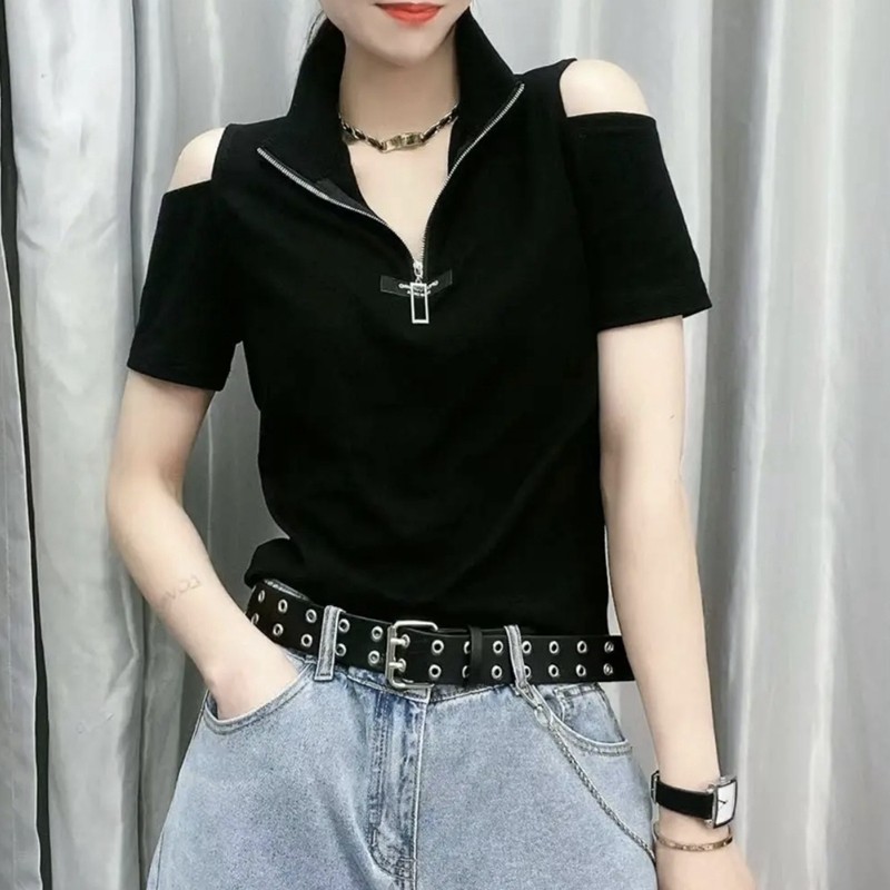半高领螺纹棉女性感长袖拉链