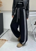 欧洲站加绒运动风撞色条纹阔腿裤 女高腰宽松显瘦百搭弯刀休闲裤 潮