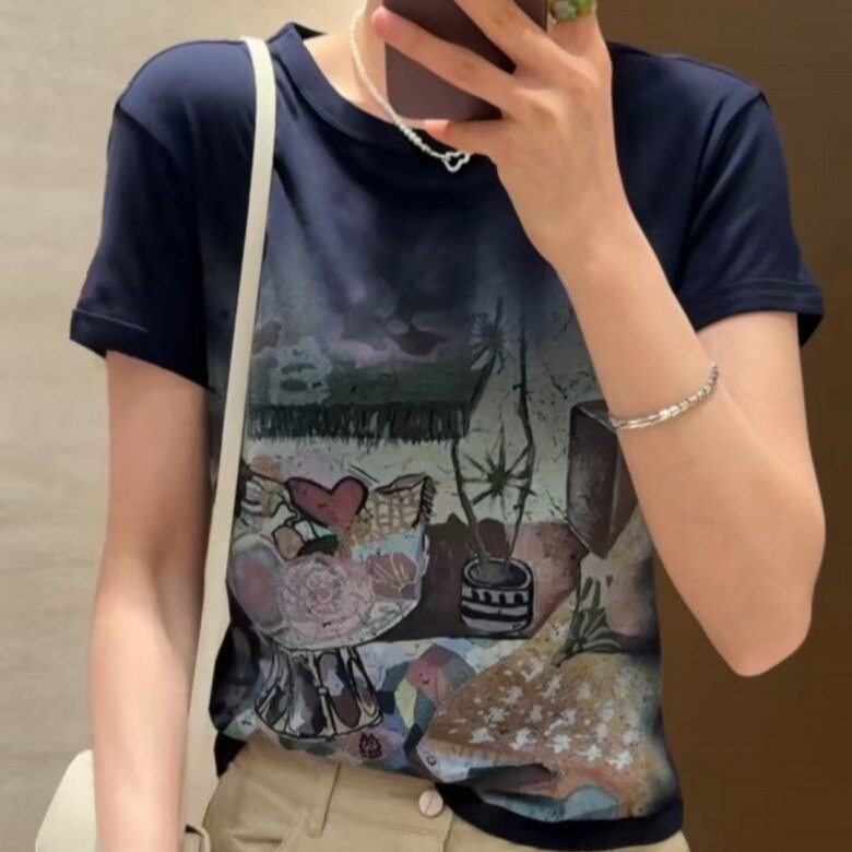 百搭显瘦圆领短袖印花T恤女欧货2026夏季新款休闲上衣设计感小众