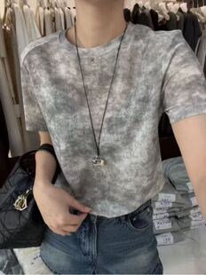 晕染亮闪闪M字母标网纱短袖圆领T恤女设计洋气百搭春夏新款上衣潮