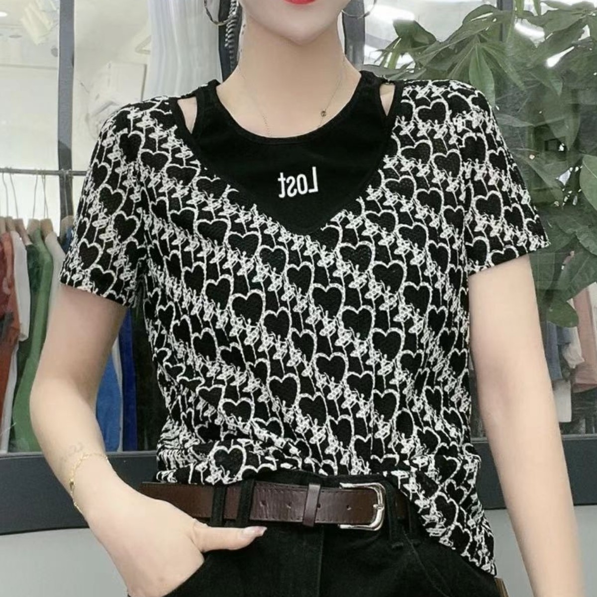修身显瘦假两件套短袖T恤女薄款