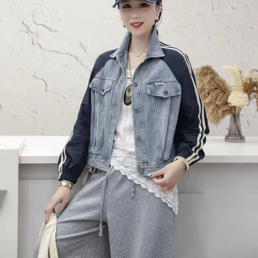 撞色拼接牛仔外套女春款欧货宽松显瘦棒球服休闲短款机车夹克外套图片