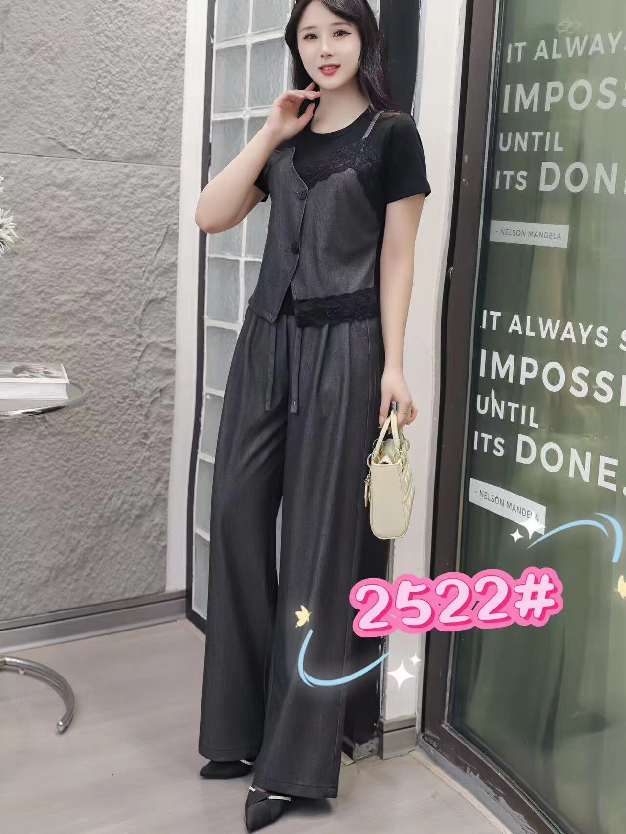 时尚休闲套装女2026新款夏装搭配一整套拼接短袖上衣阔腿裤两件套